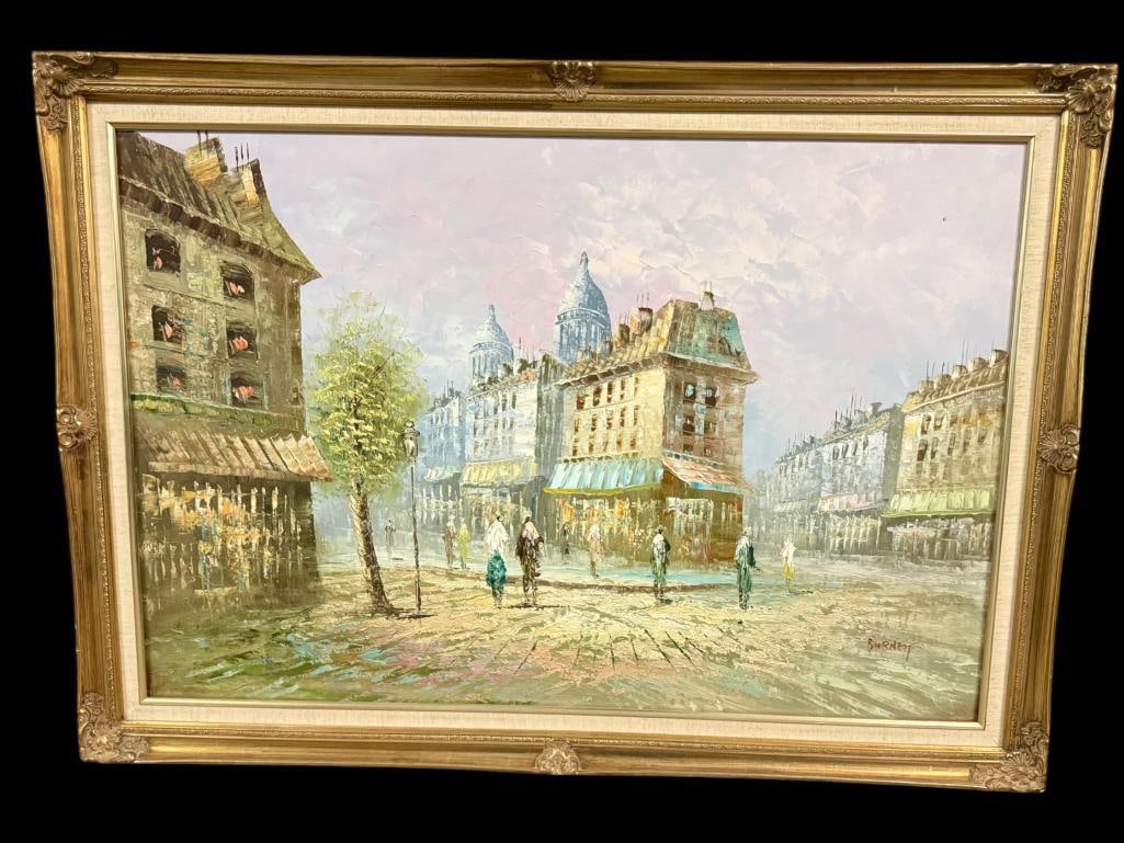 Caroline Burnett signed oil on canvas: Caroline Burnett signed oil on canvas of a Parisian street scene. Approx. 35.5 x 24 inches. Frame approx. 41 x 29 inches.