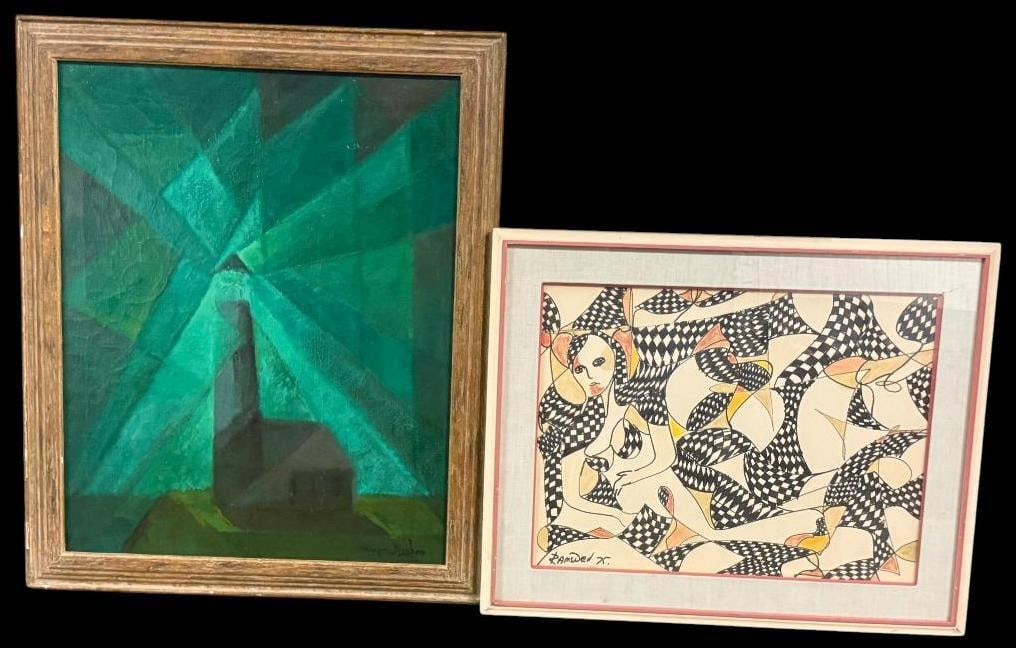 Signed drawing and oil on canvas: Ramsden 75 signed drawing and Mary ? Bishop signed oil on canvas. 2 pieces. Drawing approx. 23 x 17 inches, frame approx. 29.5 x 24 inches. Painting approx. 29.5 x 23.5 inches, frame approx. 34.5 x