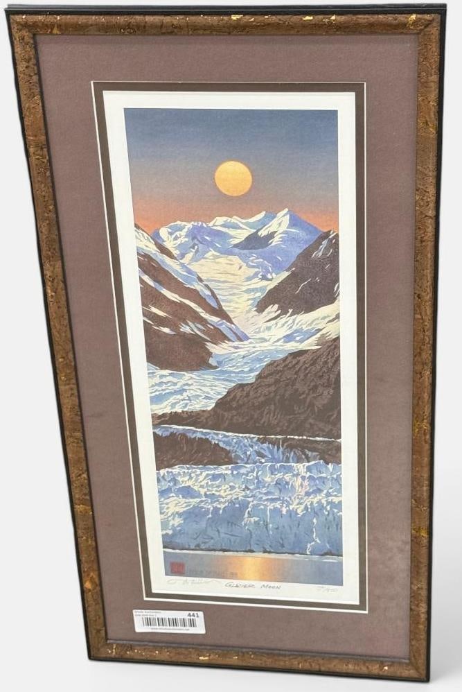 Byron Birdsall signed and numbered print: Byron Birdsall signed and numbered print. Titled "Glacier Moon". 391/950. Approx. 19 x 7.5 inches. Frame approx. 25 x 13 inches.