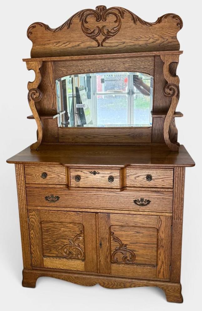 Victorian Style Oak Sideboard: Victorian Style Oak Sideboard. Approx. 74 x 45 x 20.5 inches.
