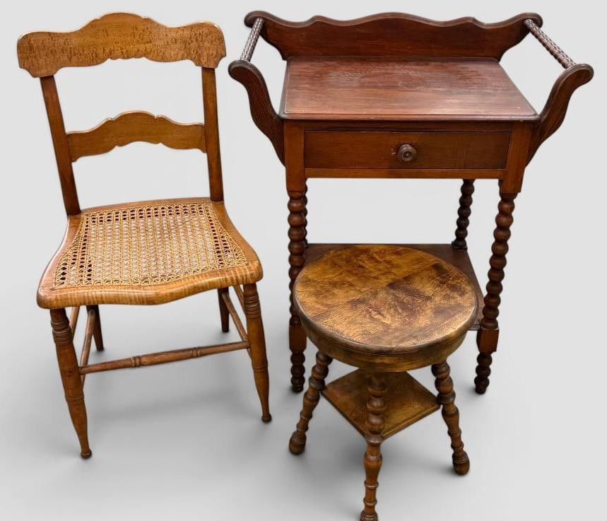 Vintage Jenny Lind style washstand, stool etc: Vintage Jenny Lind style washstand, stool and cane chair. 3 pieces. Stand approx. 32 x 28 x 17 inches.