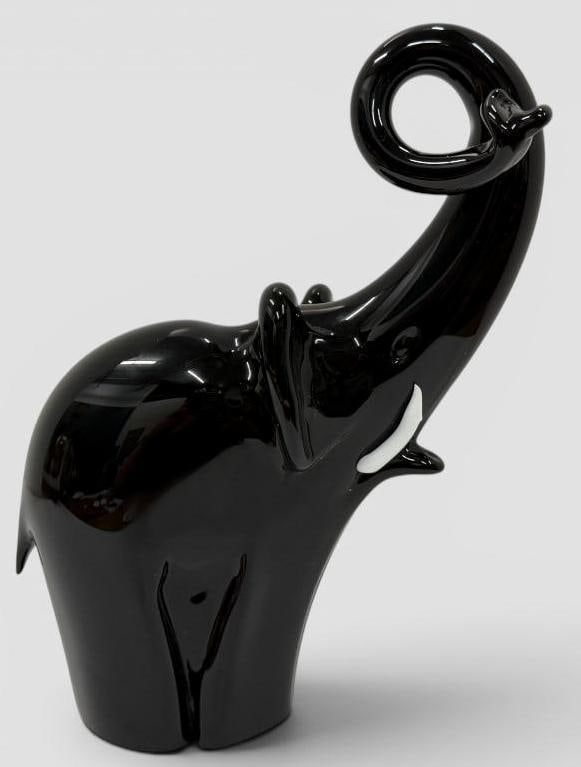 Signed Murano Art Glass Elephant: Signed Black Murano Art Glass Elephant. Elio Raffaeli. Approx. 12 x 9 x 3 inches.