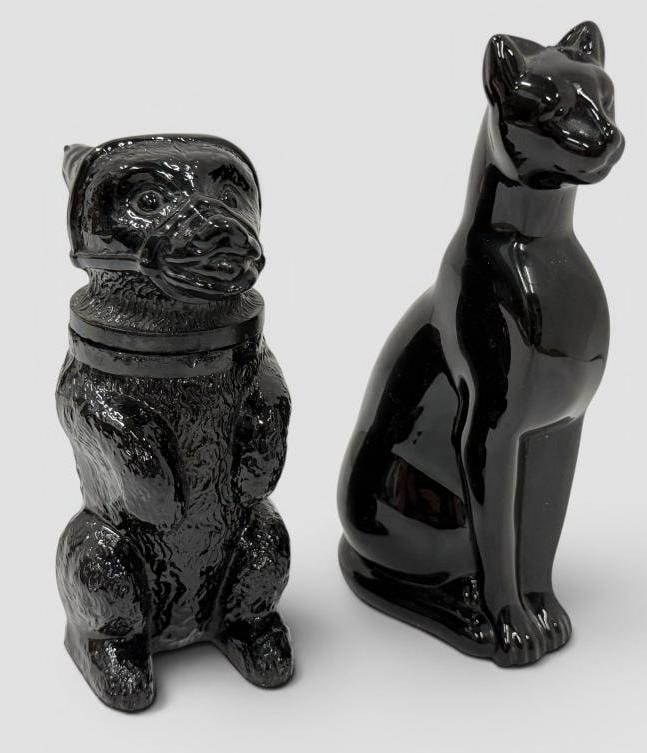 Baccarat Black Glass Cat and Sandwich Glass Bear: Baccarat Black Glass Cat and Sandwich Glass Pomade Bear c. 1860. Cat approx. 6.5 x 2.5 x 2 inches.
