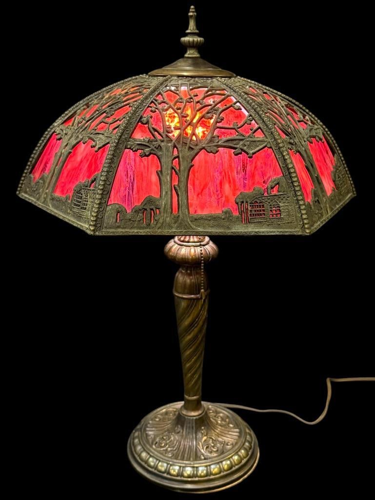Red Slag Glass Lamp with Metal Overlay: Red Slag Glass Lamp with Metal Overlay. Approx. 24 x 15 x 15 inches.