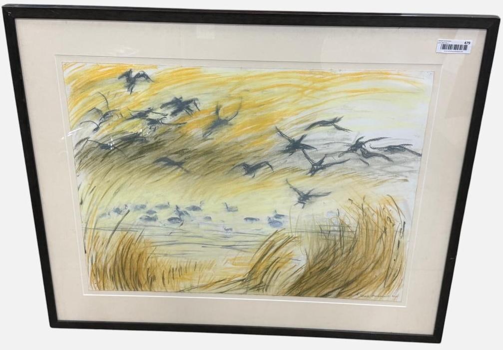 Sarah Prochownik signed watercolor: Sarah Prochownik 2001 signed watercolor. "Birds in Flight". Approx. 30 x 22 inches. Frame approx. 38 x 31 inches.