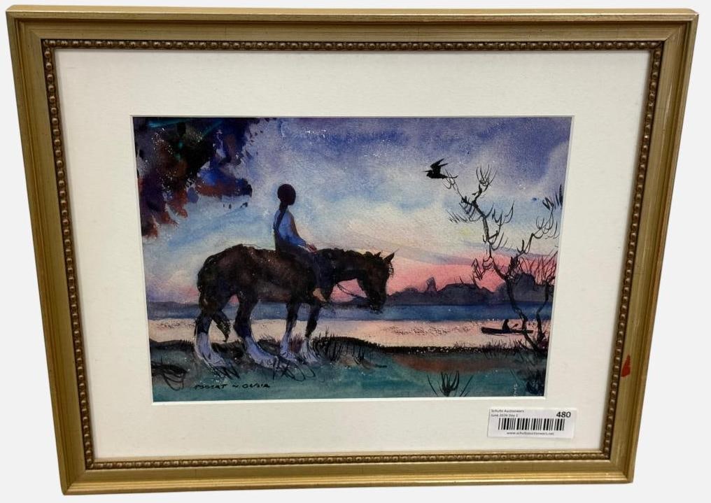 Robert N. Blair signed watercolor: Robert N. Blair (1912-2003) signed watercolor. "Twilight Silhouettes". Approx. 11.5 x 9 inches. Frame approx. 17.5 x 14.5 inches.
