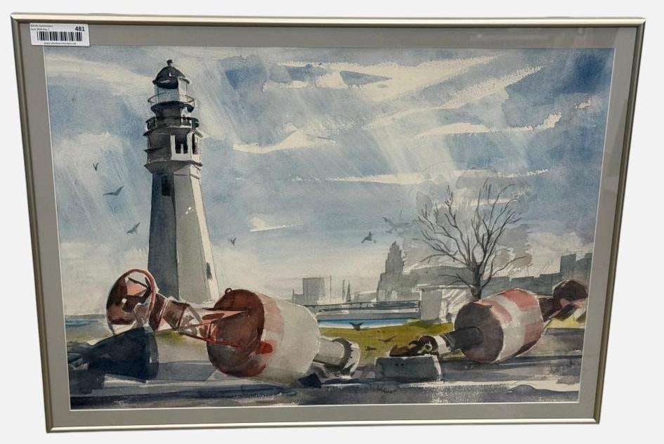 Hugh Laidman watercolor: Hugh Laidman watercolor of the Buffalo NY Harbor Lighthouse. Approx. 27 x 19 inches. Frame approx. 30 x 22 inches.