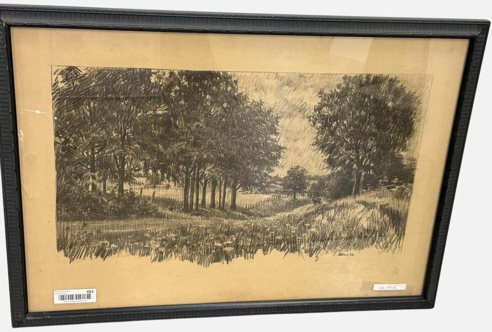 Clifford Ulp signed Graphite Drawing: Clifford Ulp (1885-1957) signed Graphite Drawing. Titled Road through the hills. Rochester NY Artist. Approx. 23 x 14 inches. Frame approx. 29.5 x 21 inches.