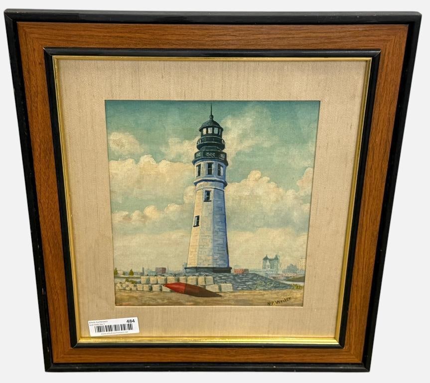 Nicolas P. Weiler signed watercolor: Nicolas P. Weiler signed watercolor. Titled "China Light". This is a painting of the lighthouse at Buffalo Harbor. Approx. 11 x 10 inches. Frame approx. 19.5 x 17.5 inches.