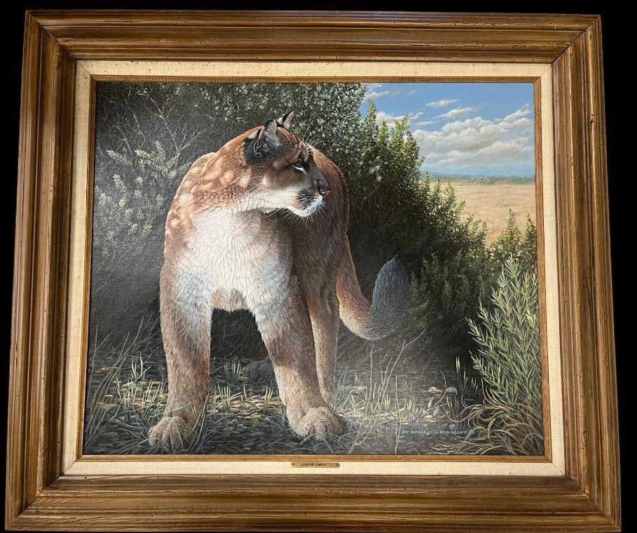 Ray Mandeville Robinson the Lions Den: Ray Mandeville Robinson oil on board the Lions Den. Approx. 23.5 x 19.5 inches. Frame approx. 31.5 x 27.5 inches.