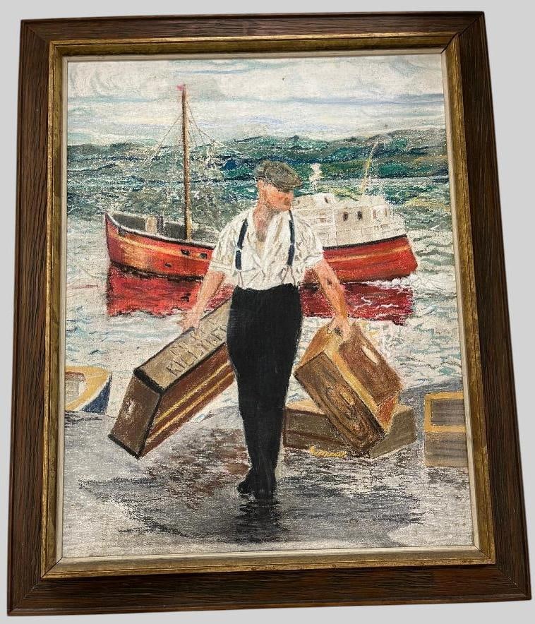 Signed oil pastel on board: Signed R. Colby ? oil pastel on board of an Irish Fisherman. Approx. 27.5 x 21.5 inches. Frame approx. 33.5 x 27.5 inches.
