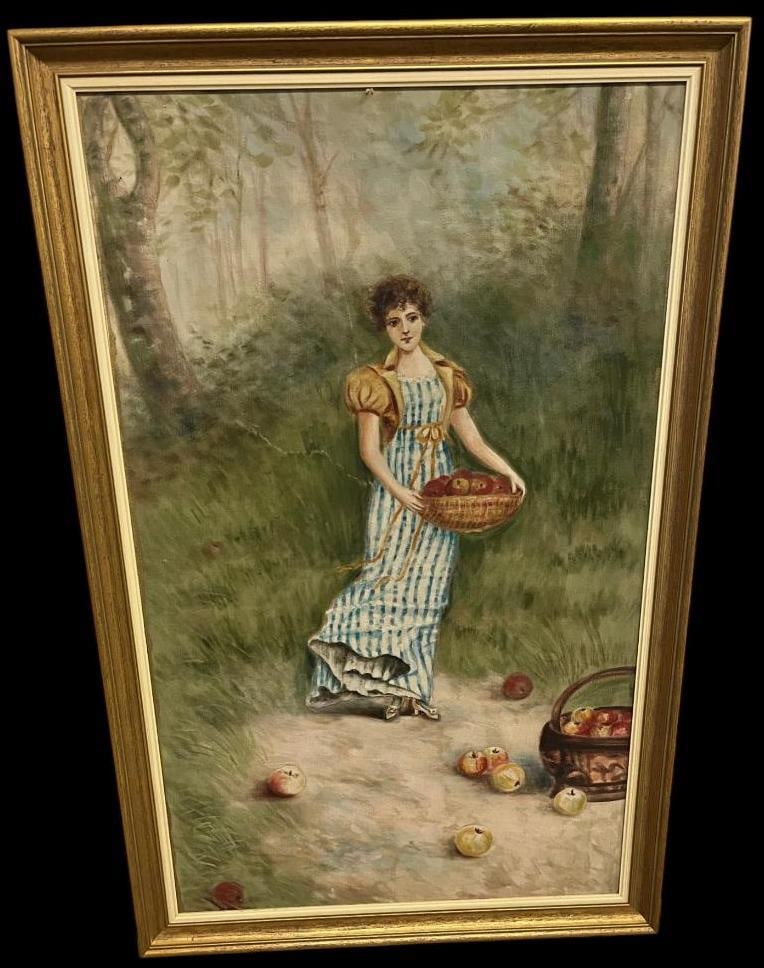 Bernice Gardner signed oil on canvas: Bernice Gardner signed oil on canvas. "Gathering Apples". Approx. 42.5 x 25.5 inches. Frame approx. 47.5 x 30 inches.