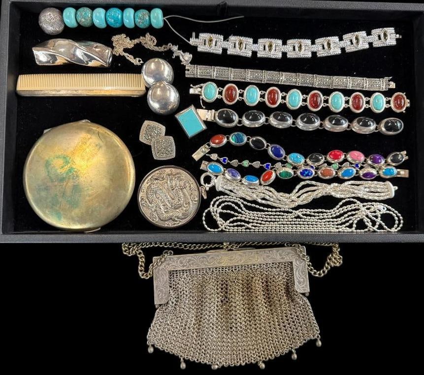 Silver Bracelets, Mirror and more: Silver Bracelets, Mirror and more. Some pieces marked Sterling. Including Reed & Barton Dragon Mirror, Judith Ripka bracelet, Mexico, German Silver Nona Mullens mesh purse, etc. Approx. 15 pieces.