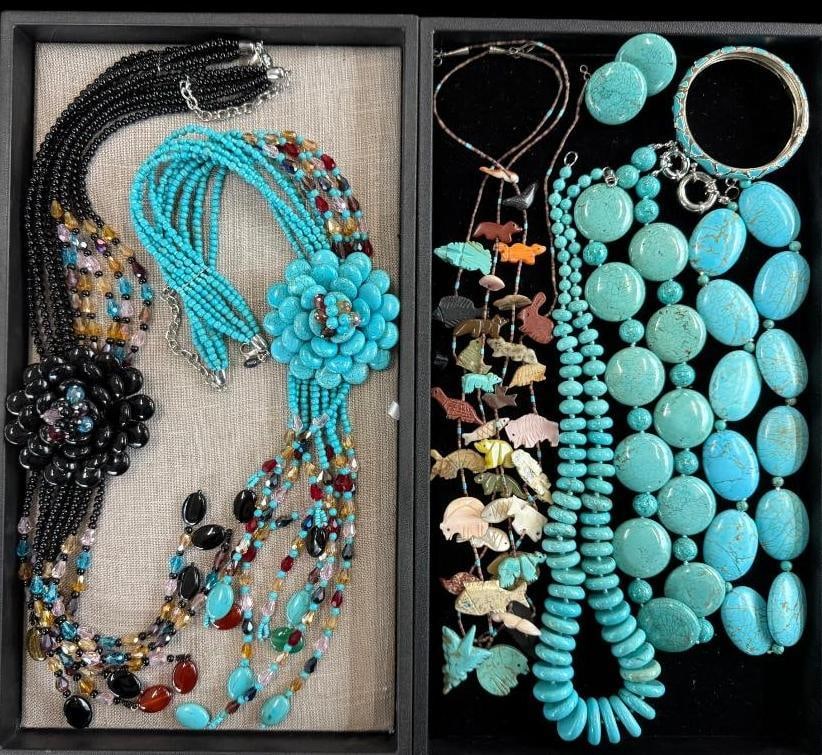 Costume Jewelry Necklaces and Bracelets: Costume Jewelry Necklaces and Bracelets. 8 pieces. Including turquoise, animal fetish necklace and more..