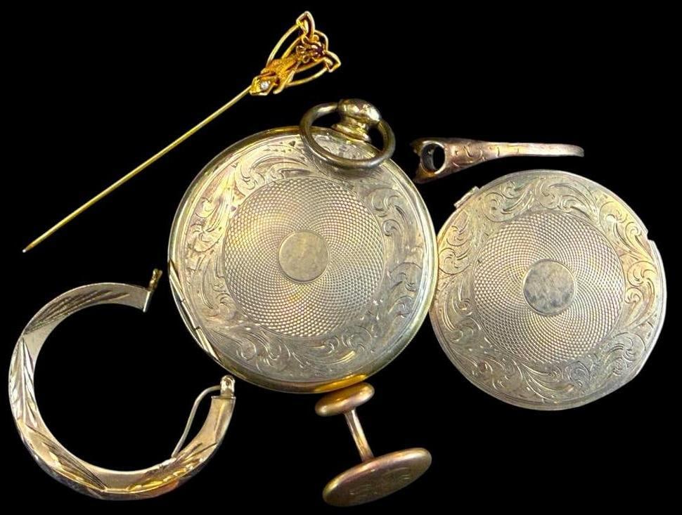 10k Gold items and Watch case: 10k Gold items, approx 5 grams. Watch case tests as less than 10k, approx. 36.9 grams.