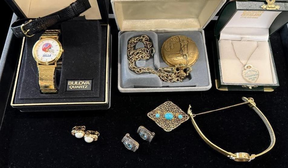 Tiffany & Co Sterling Heart, Buffalo Bills Watch and more: Tiffany & Co Sterling Silver Heart, Buffalo Bills Watch, costume jewelry, pocket watch etc. Approx. 7 pieces.