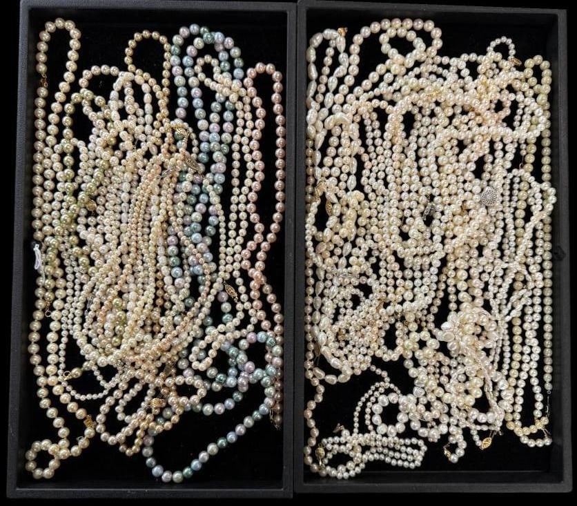 Pearl Necklaces and bracelets: Pearl Necklaces and bracelets. Approx. 45 pieces. Approx. 28 have 14k gold clasps. Various sizes.