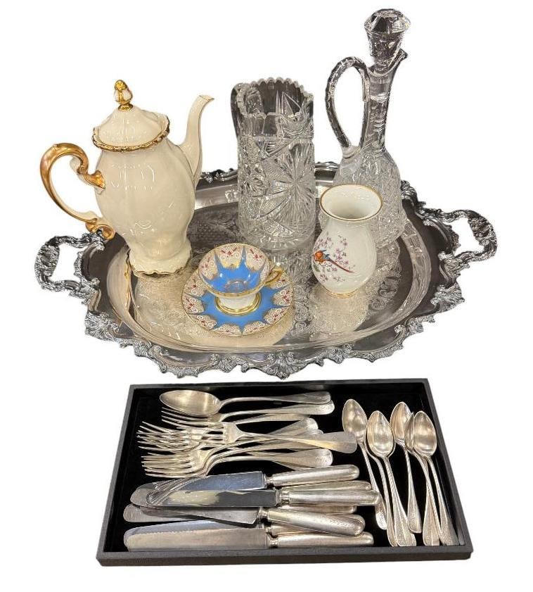 Silverplate tray, flatware, cut glass decanter etc. (1 of 6)