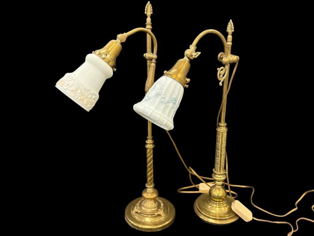 2 Brass Table Lamps: 2 Brass Table Lamps with white floral shades. Approx. 26 x 10 x 7 inches.