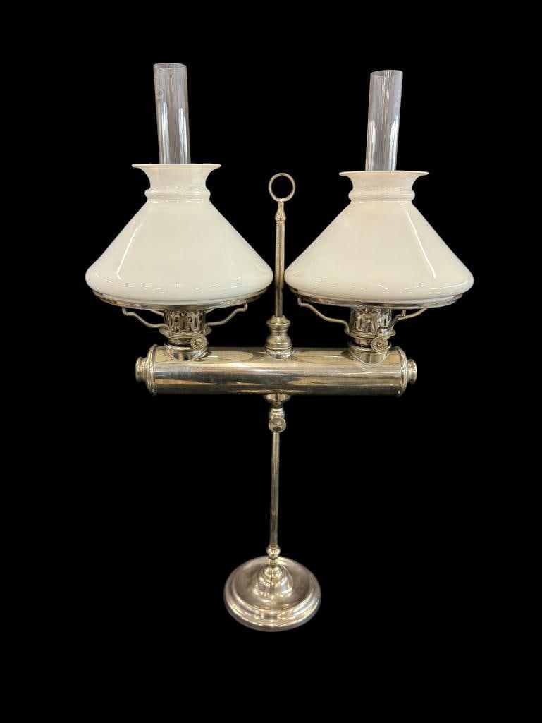 Double Student Lamp: Double Student Lamp with milk glass shades. Approx. 22 x 17 x 8 inches.