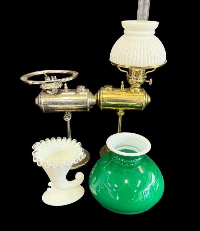 OIl Lamps, Vase and shade: OIl Lamps, Vase and shade. 4 pieces. Tallest approx. 19 x 7 x 5 inches.