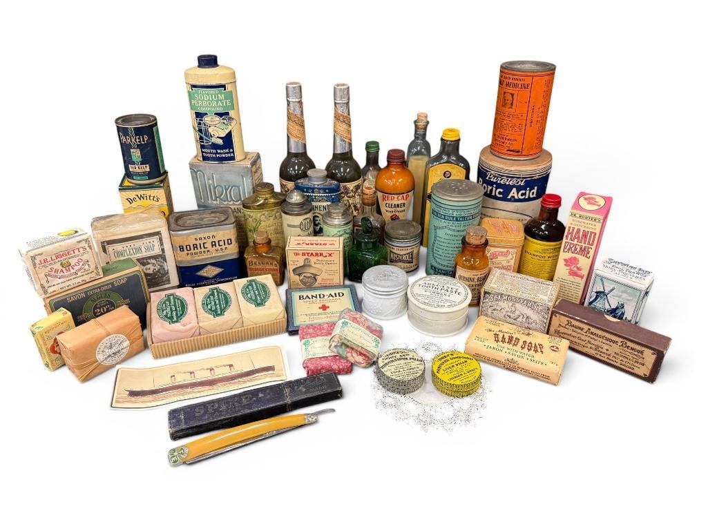 Collection of Medicine Cabinet items: Collection of Medicine Cabinet items. Including Band-Aid, Areca Nut Toothpaste, Watkins, Soaps and more. Approx. 50 pieces.