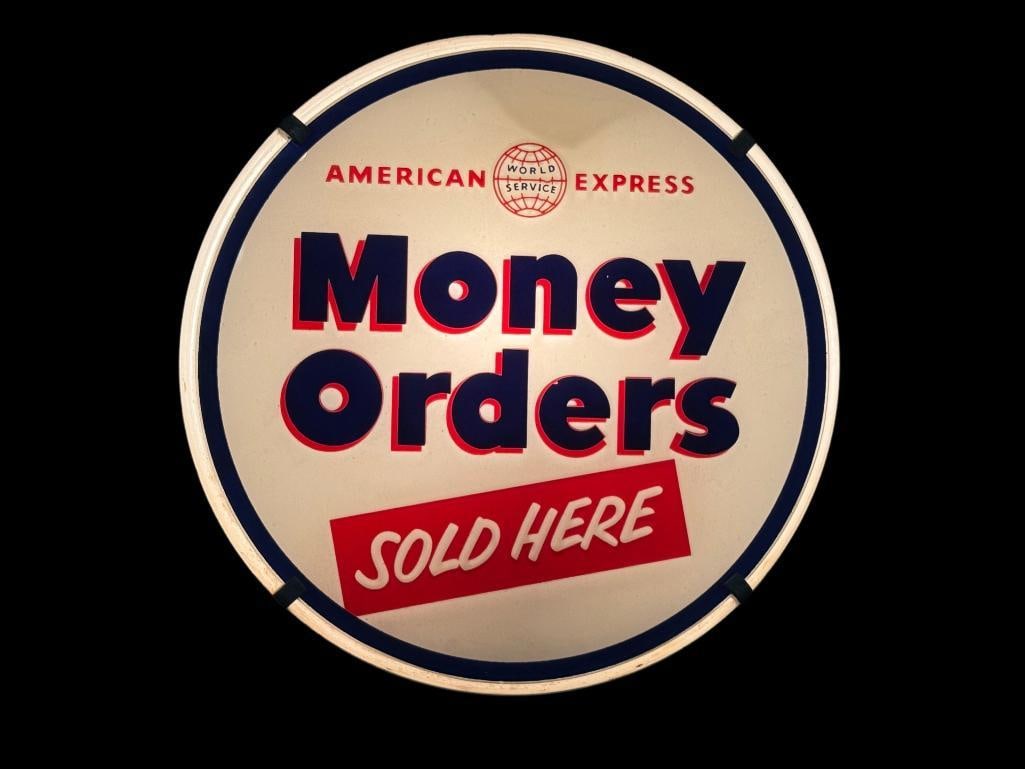 American Express Money Orders Light Up Sign: American Express Money Orders Light Up Sign. Approx. 11 x 11 x 4 inches.