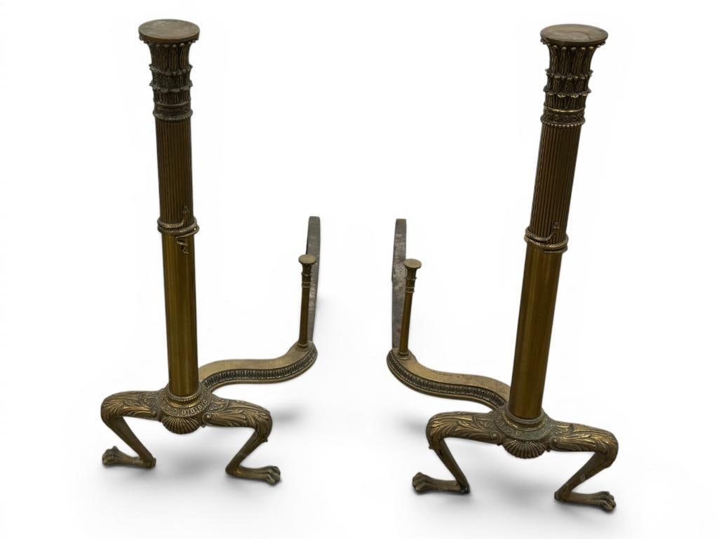 Brass Andirons with Snakes: Brass Andirons with Fluted Columns and Snakes. Attributed to Tiffany & Co. Approx. 24 x 22 x 10 inches.