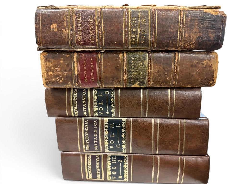 5 Volumes of Encyclopedia Britannica: 5 Volumes of Encyclopedia Britannica. Including 1792 and 1800. And 3 volume 1771 reprint. Approx. 11 x 9 x 2.5 inches each.