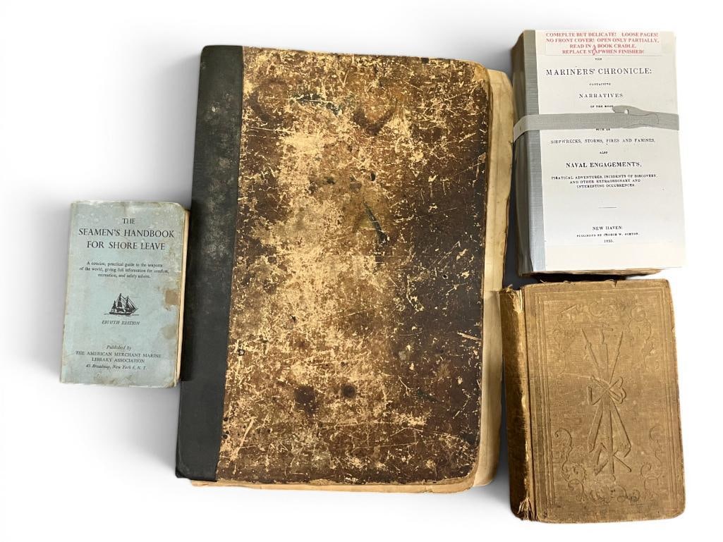 4 Antique Nautical Related books: 4 Antique Nautical Related books. Including The Seamans Handbook for Shore Leave 1944, 1835 The Mariners Chronicle, 1857 Arctic Explorations and Discoveries and Early 1800's Chart of History book.