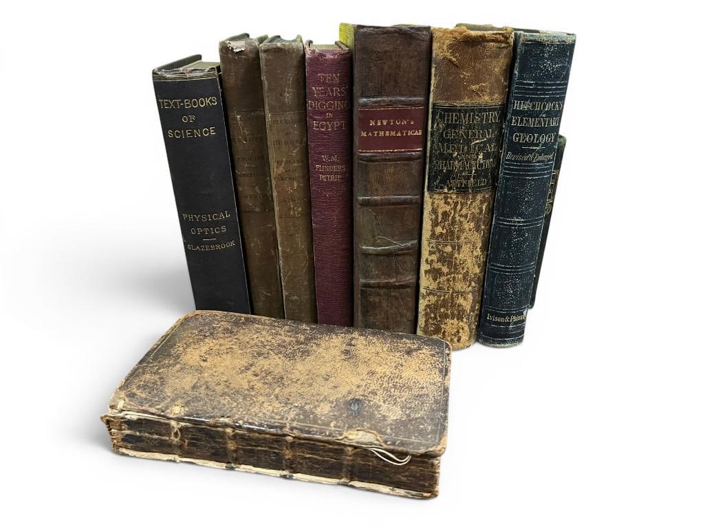 9 Antique Science, Math, Geology books etc: 9 Antique Science, Math, Geology books etc. Including The Temple Poems and Private Ejaculations, 1835 Fashionable Puzzler, 1886 Physical Optics, 1837 Gleanings in Europe - England vol. 1 & 2, Ten Year