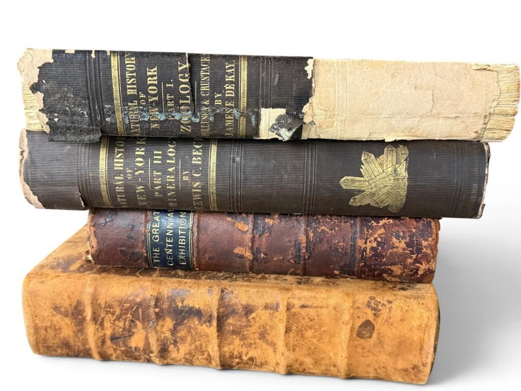 Natural History of New York book and more: Group of 4 Antique books. Including Natural History of New York 1842 and 1843 with color plates, The Great Centennial Exhibition and Volume 5 from Dobson's Encyclopedia.