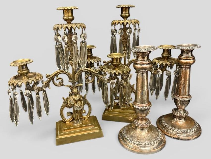 Girandole Candelabra and Candlesticks: 2 Antique Girandole Candelabra and Sheffield plated Candlesticks c. 1830. Girandole approx. 14 x 13 x 4 inches.