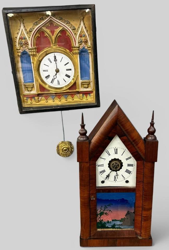 Gothic wall clock and steeple clock: 2 pieces. New haven 8 day steeple clock, approx. 20 x 10 x 4 inches. Gothic style wall clock, approx. 13 x 11.5 x 6 inches.