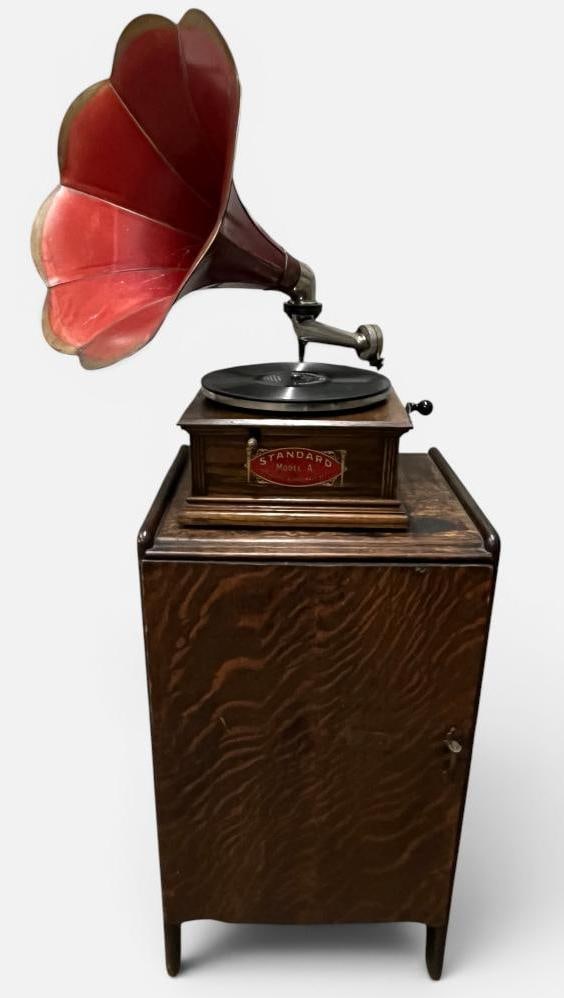 Standard Model A Phonograph and cabinet: Standard Model A Phonograph and record cabinet. c. 1910. 2 pieces.