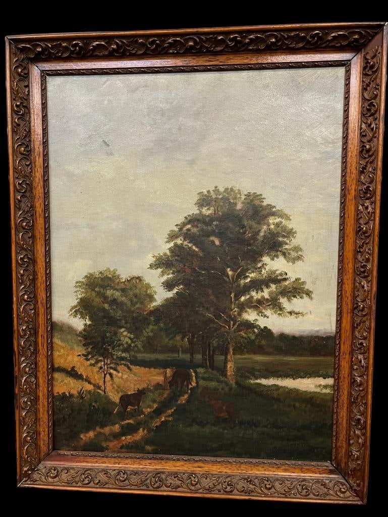 Cows Walking down path oil on canvas: Landscape of Cows Walking down a path, oil on canvas. Approx. 23.5 x 17.5 inches. Frame approx. 27.5 x 21.5 inches.