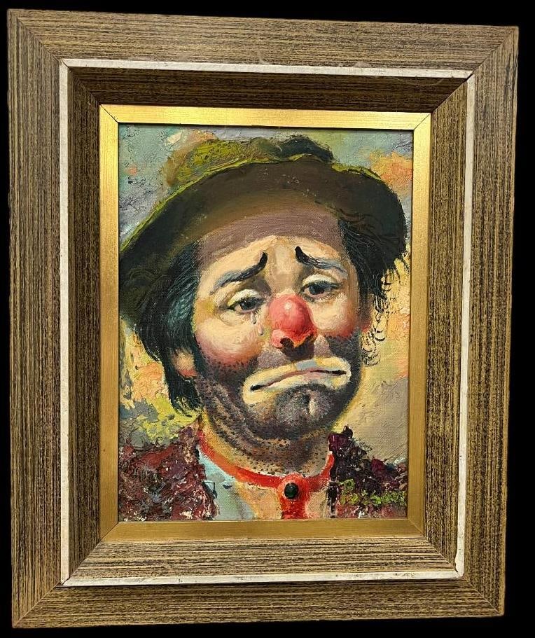 William Persona signed oil on board: William Persona signed oil on board of a Clown. Textured 3 dimensional elements. Approx. 11.5 x 8.5 inches. Frame approx. 17.5 x 14.5 inches.