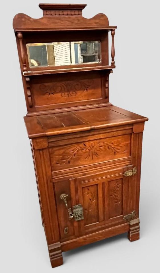 Oak Ice Box with Mirror: Oak Ice Box with Mirror. Approx. 62 x 27 x 19 inches.
