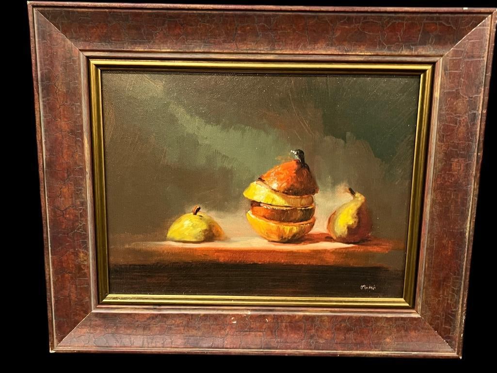 Coni Minneci signed oil on board: Coni Minneci signed oil on board. Titled "Pears". Approx. 11.5 x 9 inches. Frame approx. 16 x 13 inches.