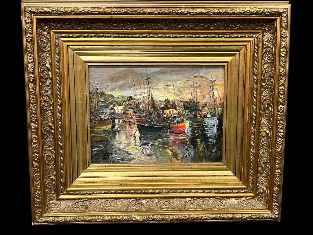 Impressionist Harbor Scene oil on board (1 of 5)