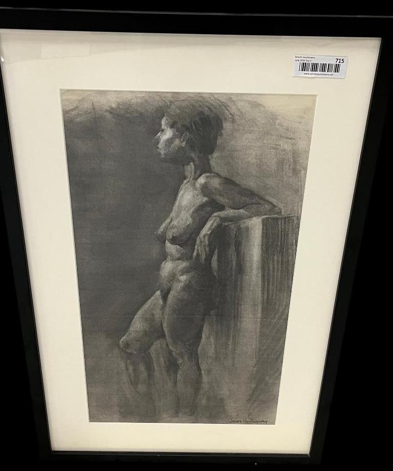 James Hemingway signed nude drawing: James Hemingway signed nude drawing. Approx. 23 x 13 inches. Frame approx. 30 x 20.5 inches.