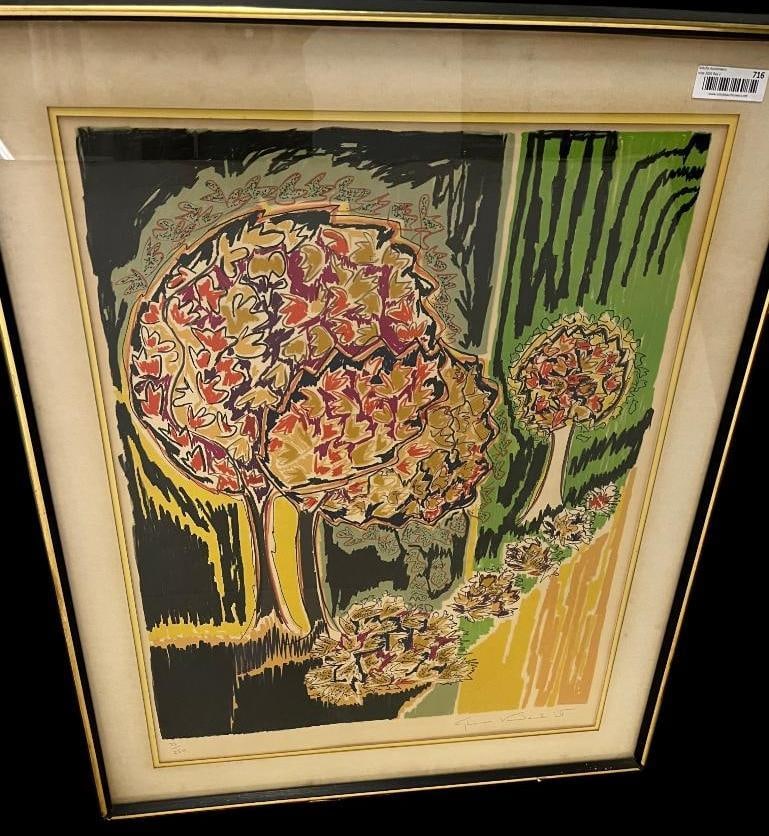Gloria Vanderbilt signed and numbered print: Gloria Vanderbilt (1924-2019) signed and numbered print. Titled "indian Summer" 35/250. Approx. 29.5 x 22.5 inches. Frame approx. 36.5 x 29.5 inches.