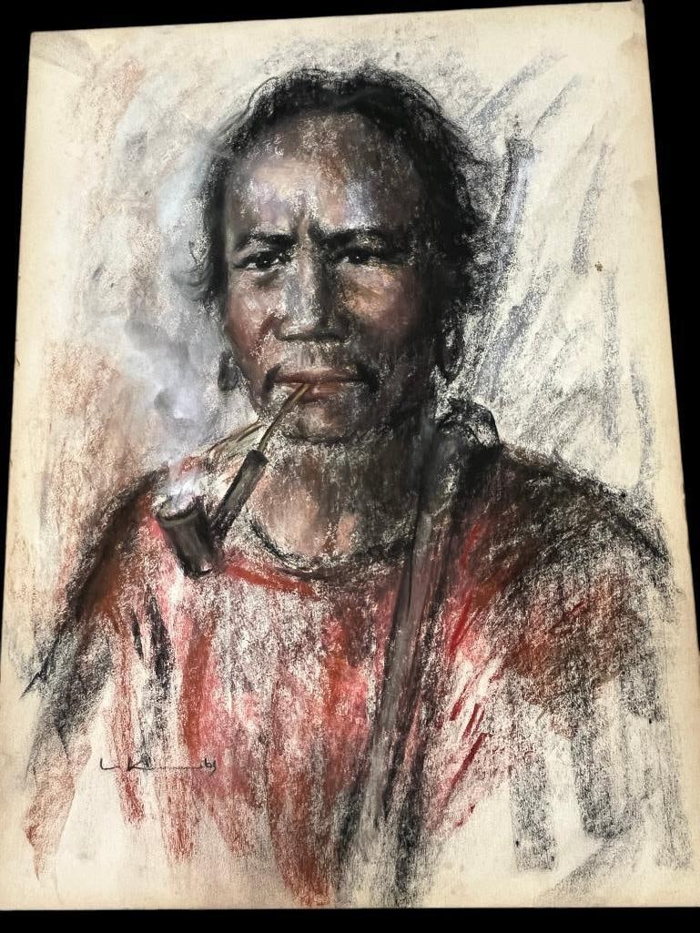 Pastel on board of a Native American Smoking: Pastel on board of a Native American Smoking a pipe. Approx. 23.5 x 17.5 inches.