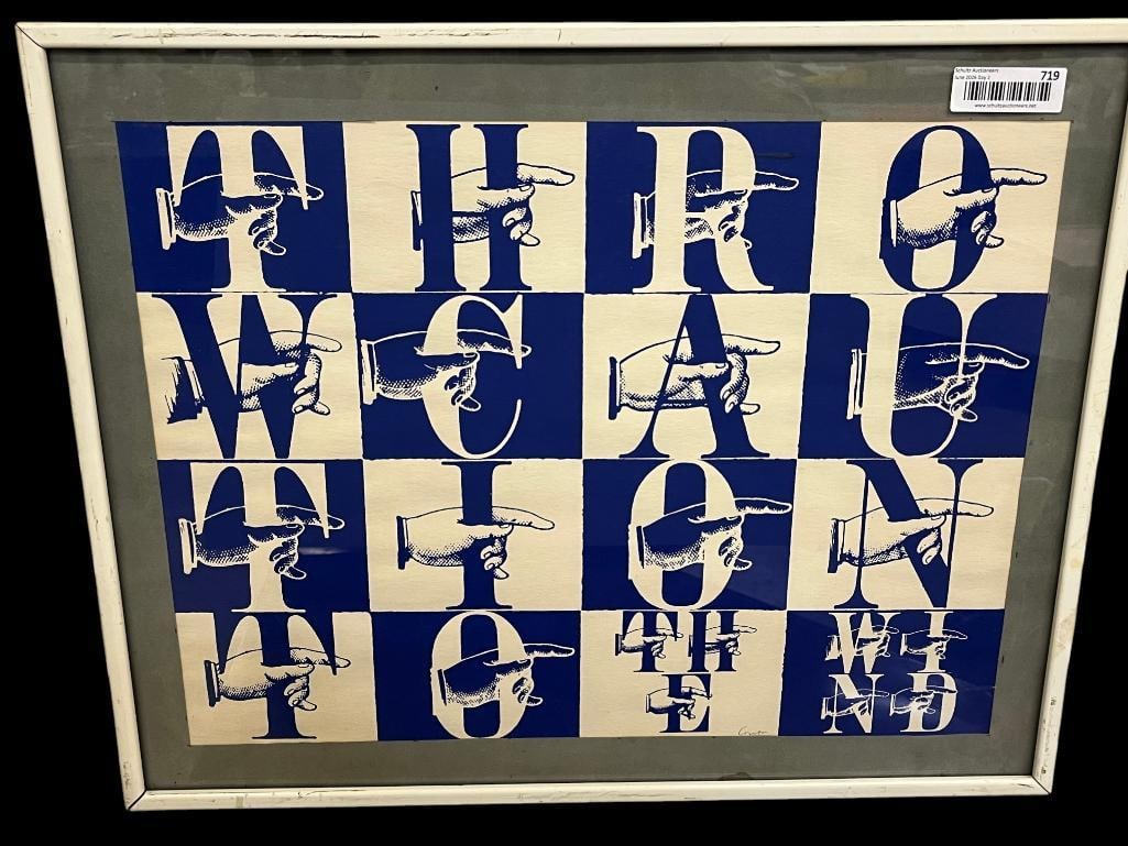 Sister Corita Kent signed screenprint: Sister Corita Kent (1918-1986) signed screenprint. "n is for caution" "Throw Caution to the Wind". Approx. 22 x 17 inches. Frame approx. 26 x 21 inches.