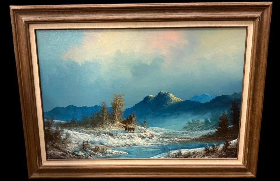 Lester Hughes signed oil on canvas: Lester Hughes (1938-2021) signed oil on canvas, Cowboy. Approx. 36 x 23.5 inches. Frame approx. 43.5 x 31.5 inches.
