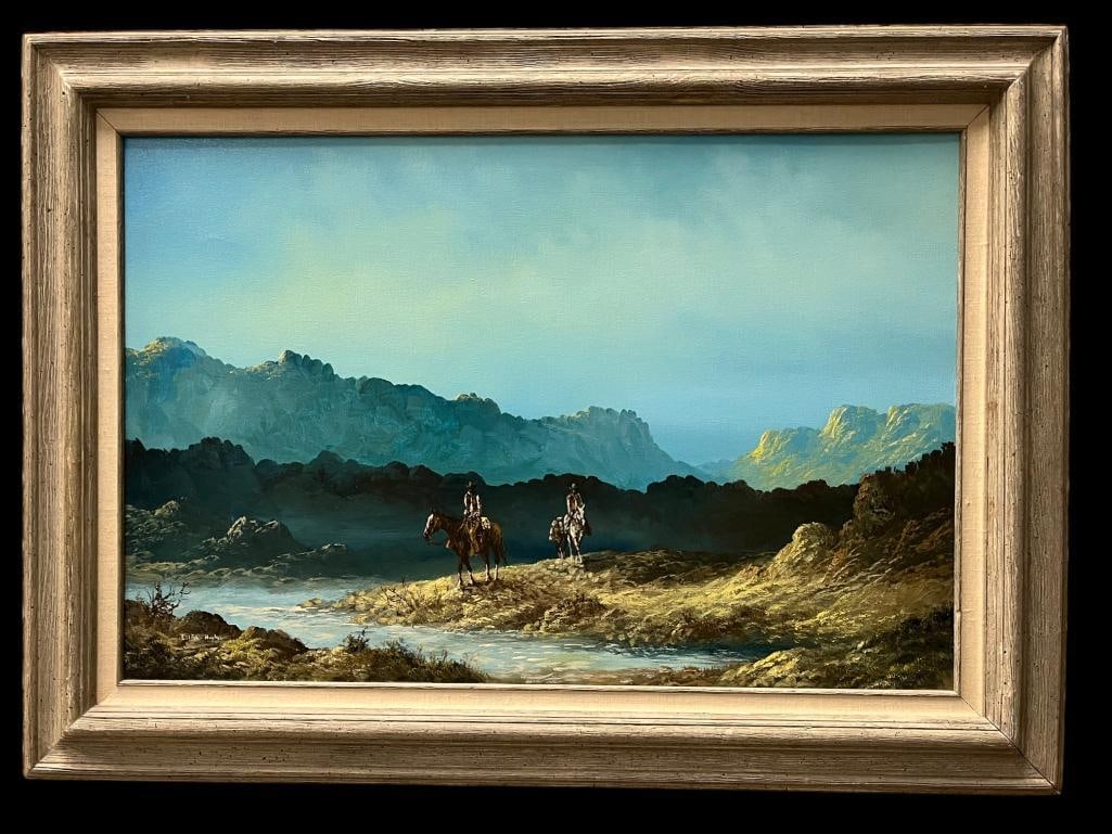 Lester Hughes signed oil on canvas: Lester Hughes (1938-2021) signed oil on canvas, Cowboys. Approx. 36 x 23.5 inches. Frame approx. 45 x 32.5 inches..