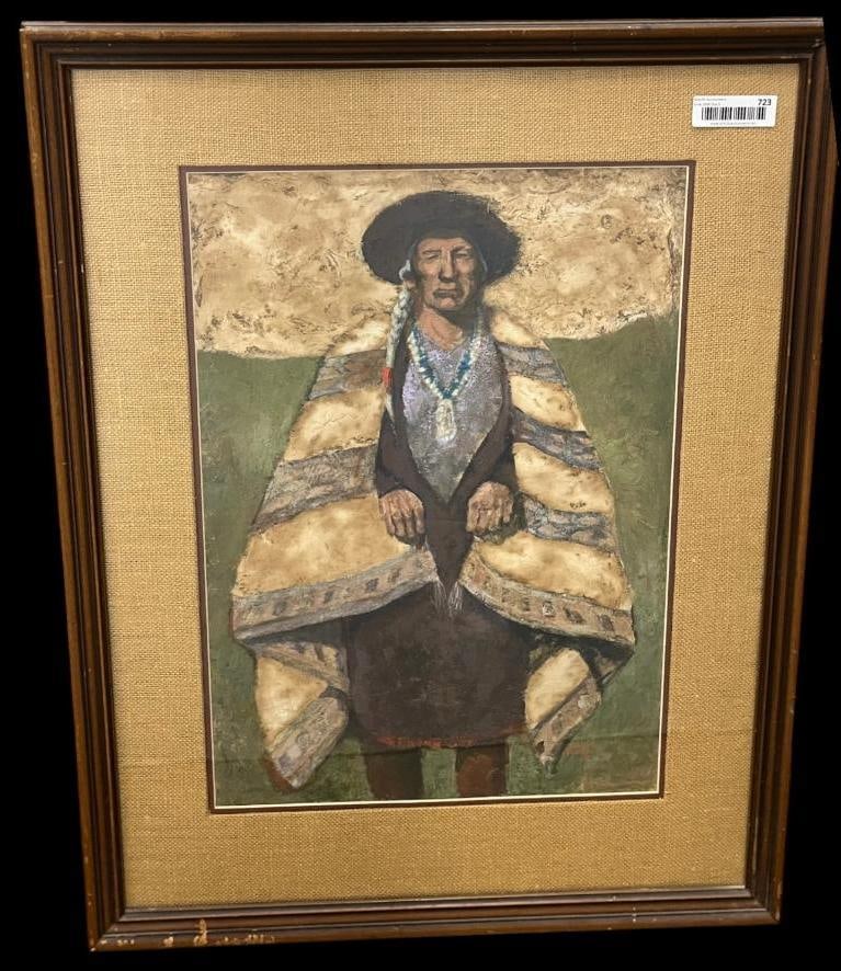 Carolyn Bunch signed pastel: Carolyn Bunch signed pastel of a Native American man. Approx. 24 x 15.5 inches. Frame approx. 33.5 x 25.5 inches.