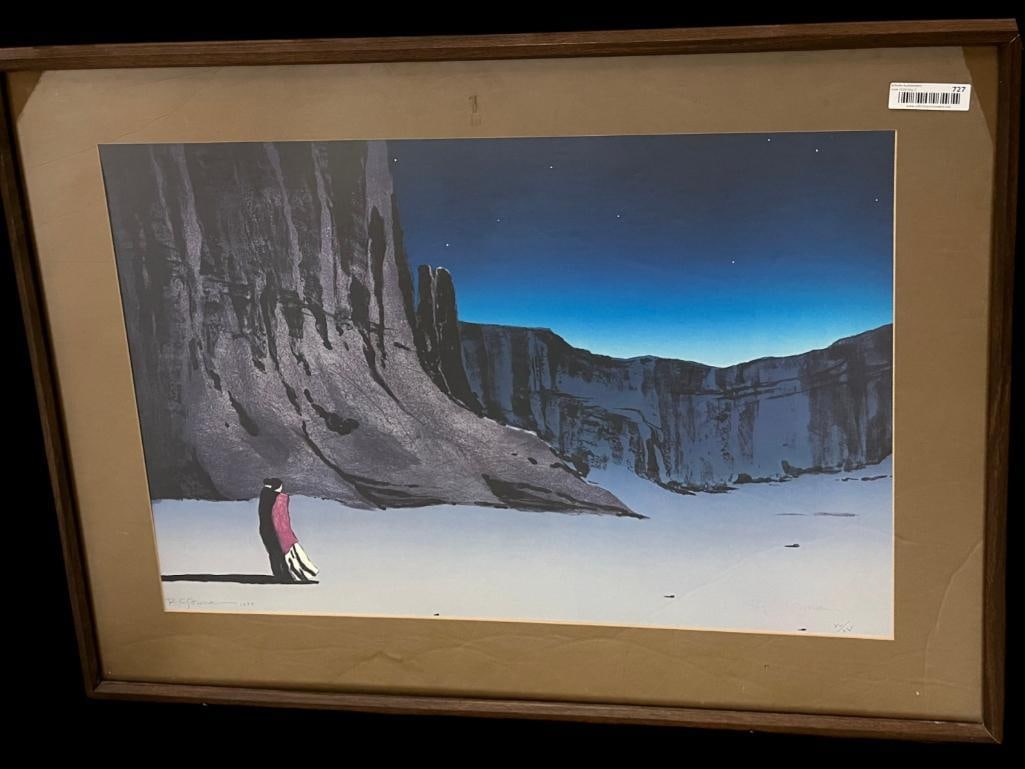 R.C. Gorman signed and numbered print: R.C. Gorman (1932-2005) signed and numbered print titled "Canyon de Chelly Night" number 15/15. Frame approx. 37.5 x 30.5 inches.