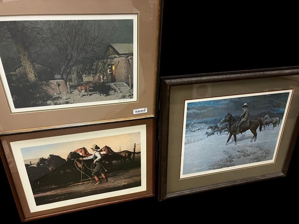3 signed and numbered Cowboy prints: 3 signed and numbered Cowboy prints. Including Melvin Warren, Bob Lee and Gordon Snidow. Largest frame approx. 34.5 x 29.5 inches.