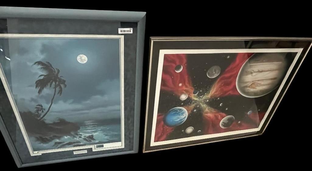 2 Signed Art Prints: 2 Signed Art Prints. Silver Trail by Roy Gonzalez Tabora. Space scape by Mark Rickerson. Space approx. 38 x 29 inches. Frame approx. 42.5 x 34.5 inches.